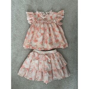 Mini Boden Girls Peach Tie Dye Eyelet Ruffle Dress Skirt Set 6-9Y